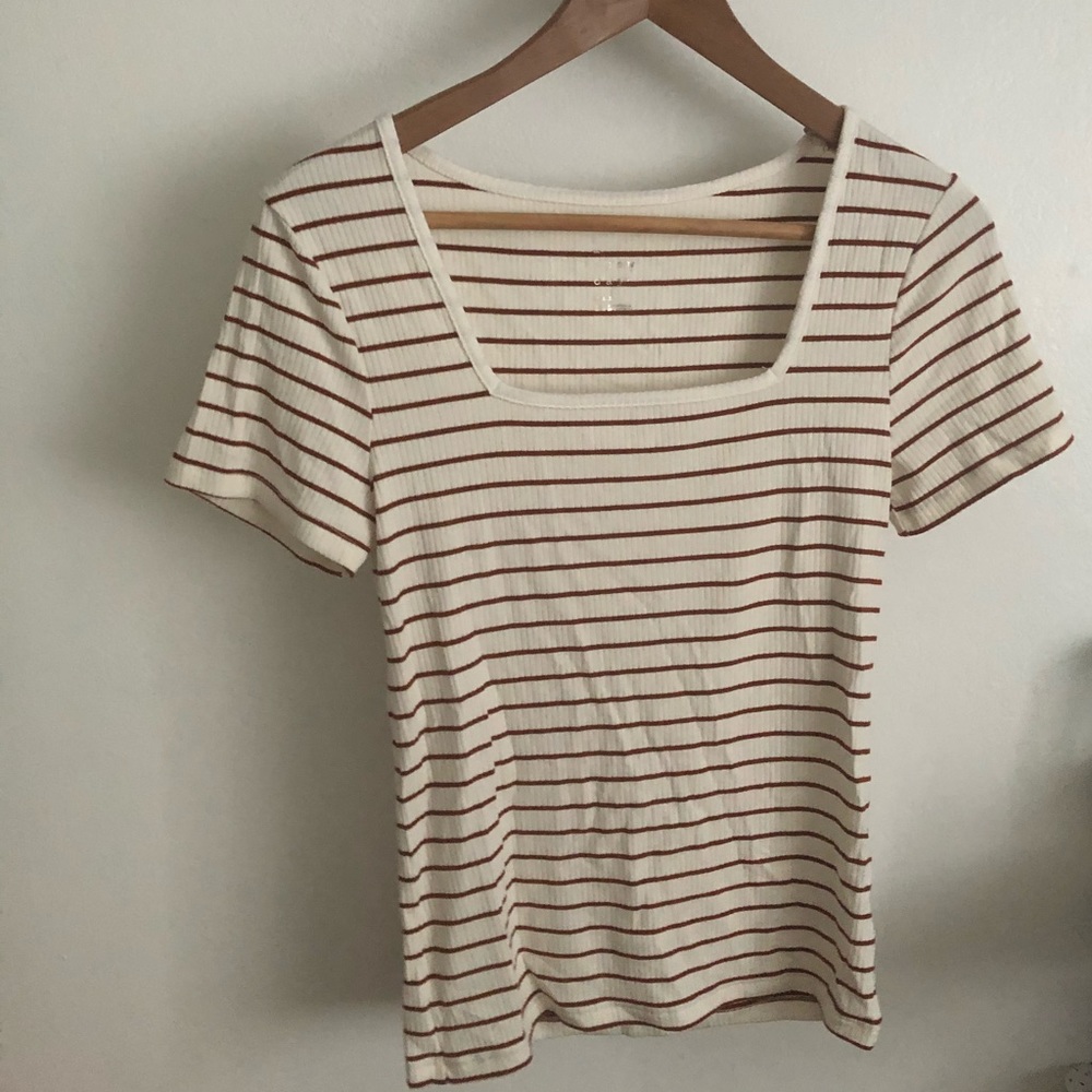 Tan and White Striped Square Neck T-Shirt